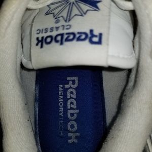 White Reebok Classics, light blue sole